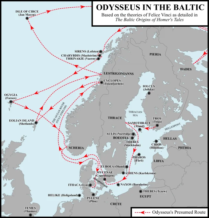 Landkarte des Baltikums mit eingezeichneter Reiseroute des Odysseus